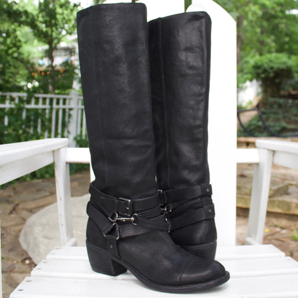 Gianni Bini Women's Size 9.5 Tall Black Pebbled Leather Boots Straps Buckles